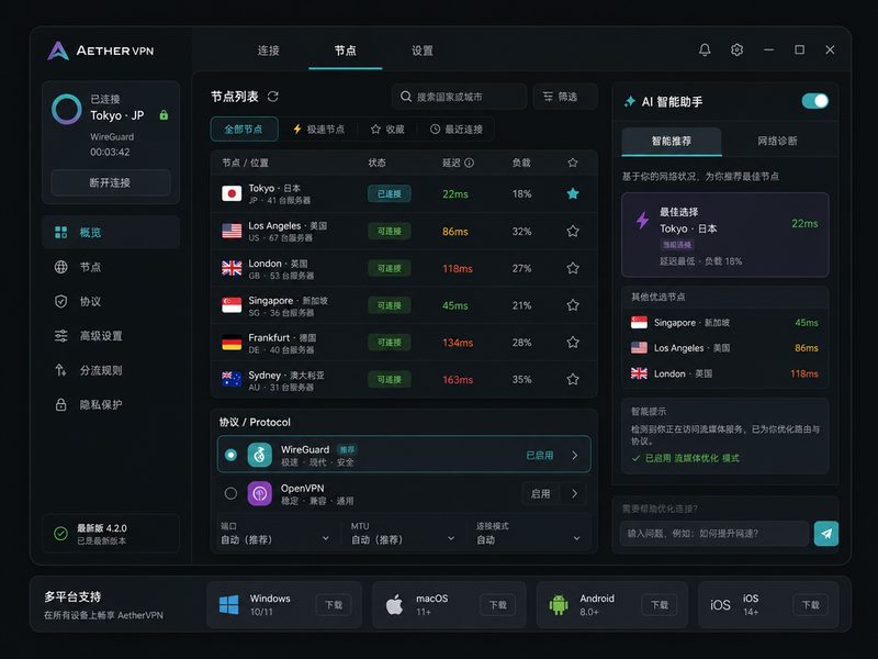 AetherVPN 节点与协议设置面板
